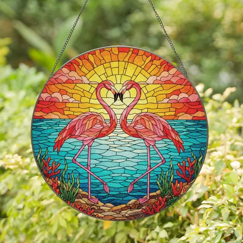 Flamingos Heart Shape Sunset Sky Coral - Home Decor Gift for Wildlife Lover Stained Glass Suncatcher