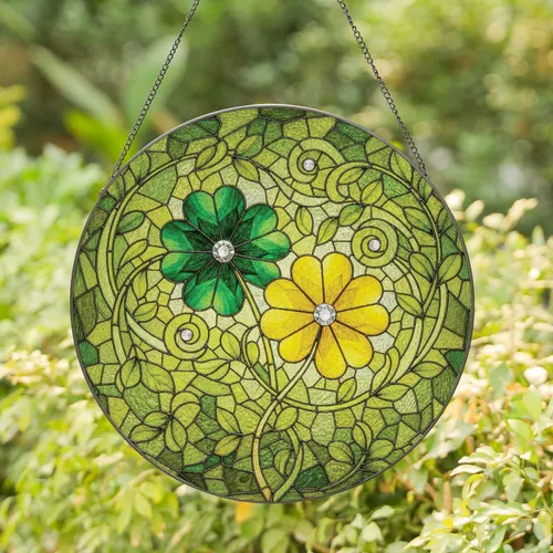 Four-Leaf Clovers Faceted Gem Geometric Swirl Mosaic - Home Decor Gift Stained Glass Suncatcher