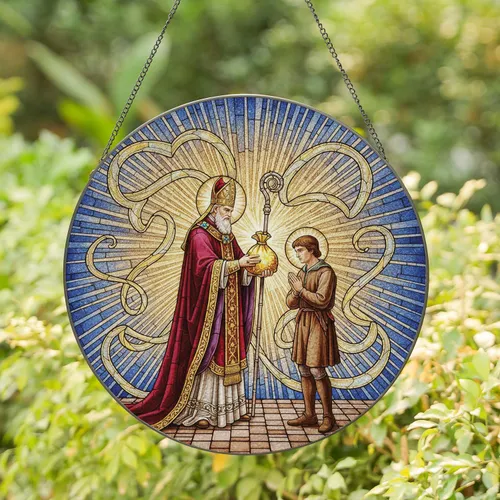 Richly Robed Bishop Giving Gold Bag to Humbly Dressed Young Man - Home Decor Gift Stained Glass Suncatcher