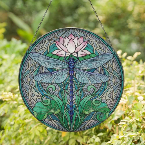Dragonfly Lotus Aquatic Leaves - Home Decor Gift for Garden Lover Stained Glass Suncatcher