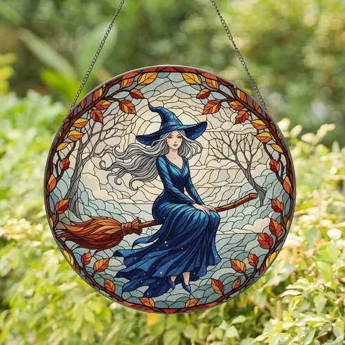 Mystical Silver Witch Broom Autumn Foliage - Home Decor Gift for Witch Lover Stained Glass Suncatcher