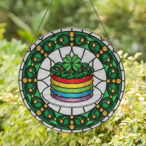 Rainbow Cake Four Leaf Clover - St. Patrick's Day Celebration Home Decor Stained Glass Suncatcher