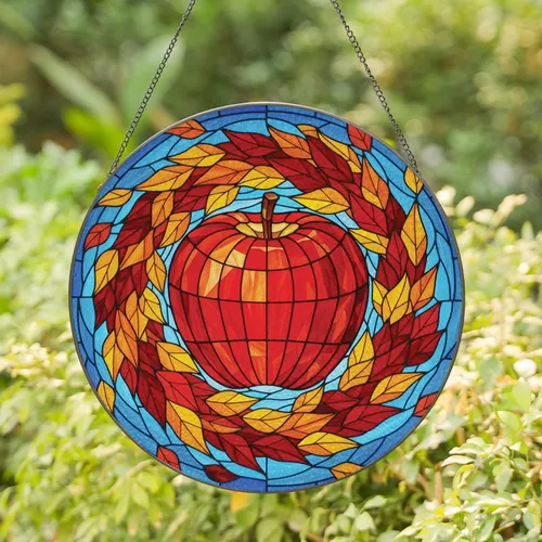 Red Apple Autumn Leaves Fall Harvest Home Decor Gift for Autumn Lover Stained Glass Suncatcher