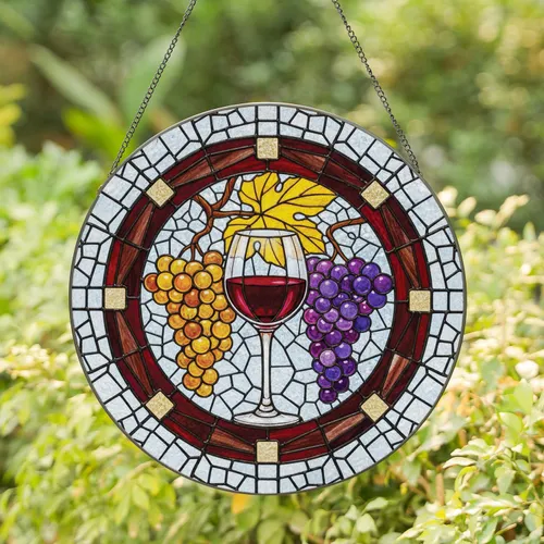 Wine Glass Grapes Vine - Home Decor Gift for Wine Lover Stained Glass Suncatcher