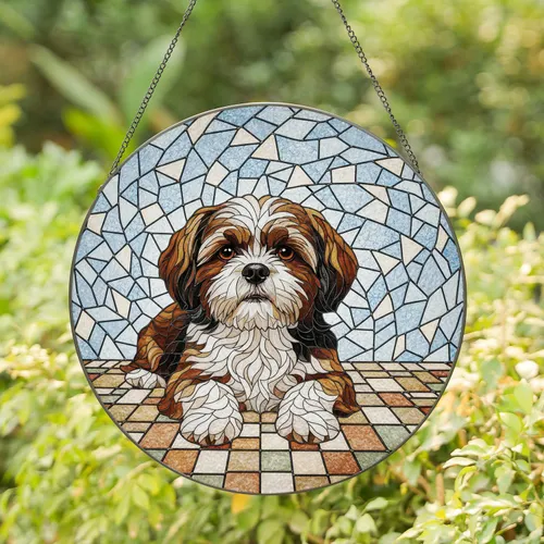 Attentive Fluffy Shih Tzu Dog Luminous Translucent Square Glass - Dog Lover Home Decor Gift Stained Glass Suncatcher