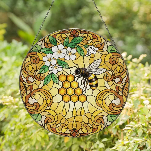 Black Golden Bee Honeycomb Flowers - Home Decor Gift for Bee Lover Stained Glass Suncatcher