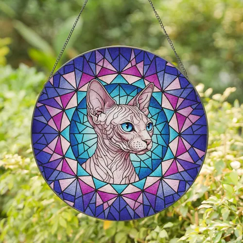 Sphynx Cat Electric Blue Eyes Geometric Stained Glass - Home Decor Gift for Cat Lover Stained Glass Suncatcher