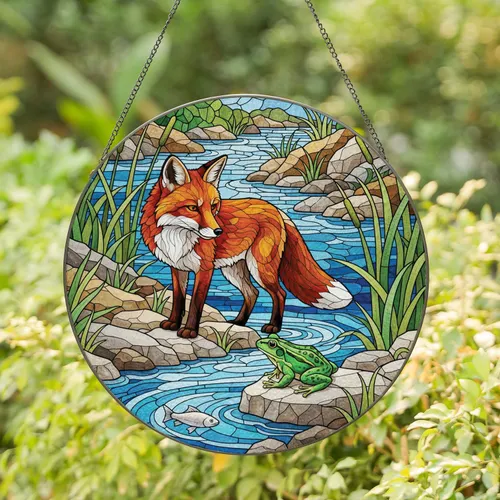 Orange Fox Green Frog White Fish Rocky Stream Reeds - Wildlife Lover Home Decor Gift Stained Glass Suncatcher
