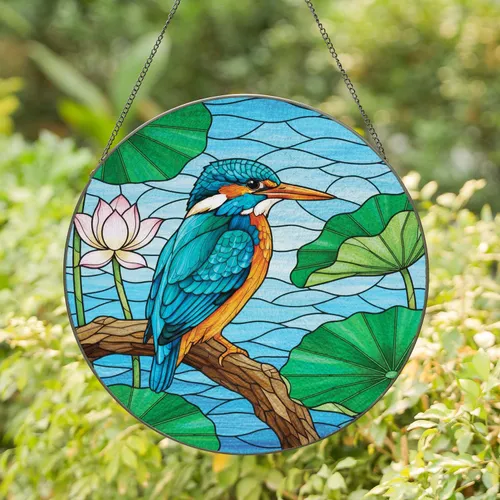 Kingfisher Bird Perched Rough Branch Lotus Flower Lily Pads - Wildlife Lover Home Decor Gift Stained Glass Suncatcher