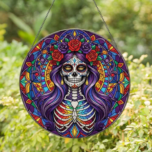 Calavera La Catrina Floral Crown - Dia de los Muertos Home Decor Gift Stained Glass Suncatcher