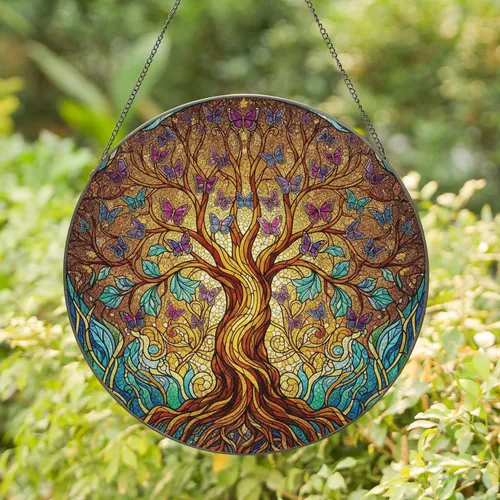 Robust Tree of Life with Butterflies Swirling Organic Patterns - Home Decor Gift Stained Glass Suncatcher