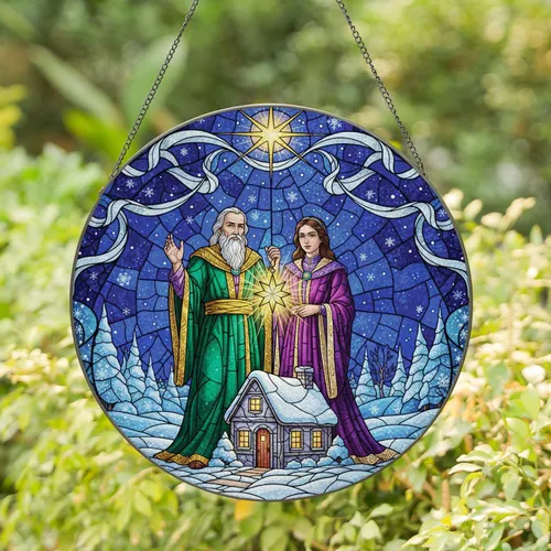 Bearded Man Young Person Star Lantern Winter Scene - Christmas Home Decor Gift Stained Glass Suncatcher