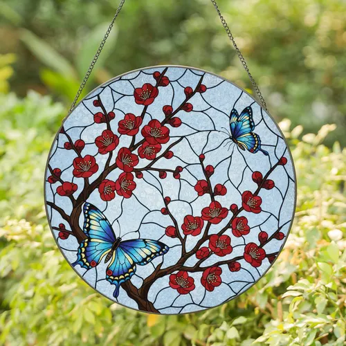 Blue Butterflies Plum Blossoms Flowering Branches - Window Decor Gift for Garden Lover Stained Glass Suncatcher