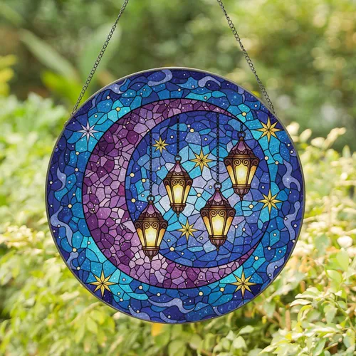 Crescent Moon Ornate Lanterns Stars Cosmic Clouds Celestial Elements Home Decor Gift for Moon Lover Stained Glass Suncatcher