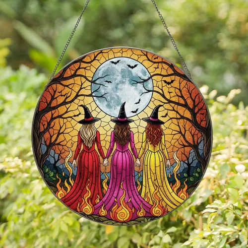 Three Witches Full Moon Bats Flames Tree Branches - Halloween Home Decor Gift Stained Glass Suncatcher