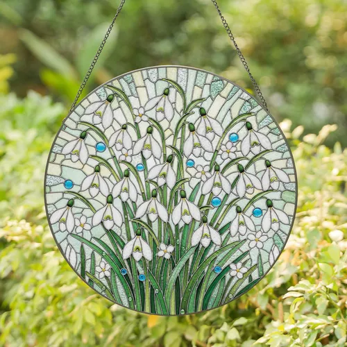 White Snowdrop Flowers Sky Blue Cabochons - Home Decor Gift for Garden Lover Stained Glass Suncatcher