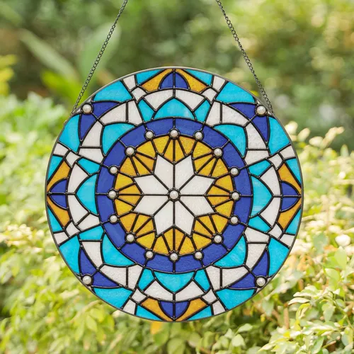 Central Eight Point Star Circular Ring Angular Curvilinear Mosaic - Window Home Decor Gift Stained Glass Suncatcher