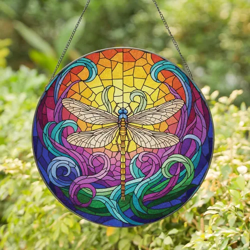 Dragonfly Stained Glass Botanical Mosaic - Home Decor Gift for Wildlife Lovers Stained Glass Suncatcher