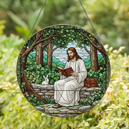 Jesus Reading Book with Rabbit & Ivy Forest - Christian Home Decor Gift for Family Stained Glass Suncatcher