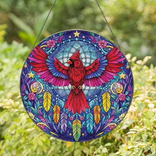 Red Cardinal Multi-Colored Wings Dreamcatcher Feathers Celestial - Home Decor Gift Stained Glass Suncatcher