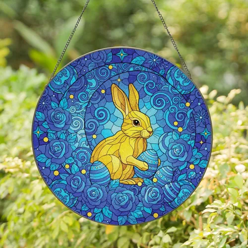 Golden Rabbit Crescent Moon Blue Eggs Blue Roses Yellow Buds - Home Decor Gift Stained Glass Suncatcher