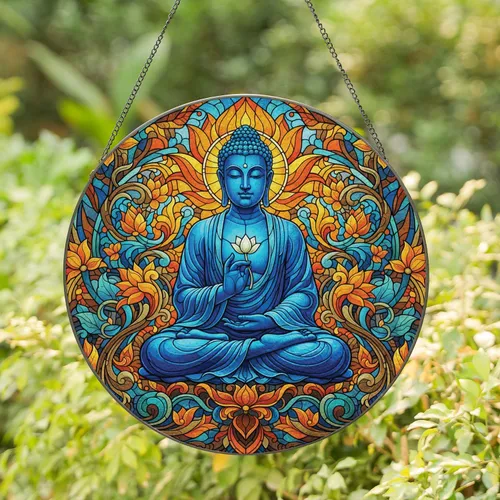 Dark Blue Buddha Lotus Aura Swirling Blossoms Ornate - Spiritual Meditation Home Decor Gift Stained Glass Suncatcher