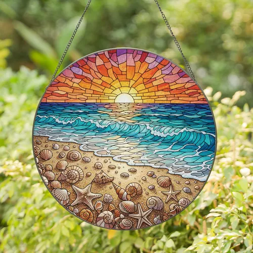 Seashell Starfish Ocean Sunset Beach Waves - Coastal Home Decor Gift Stained Glass Suncatcher