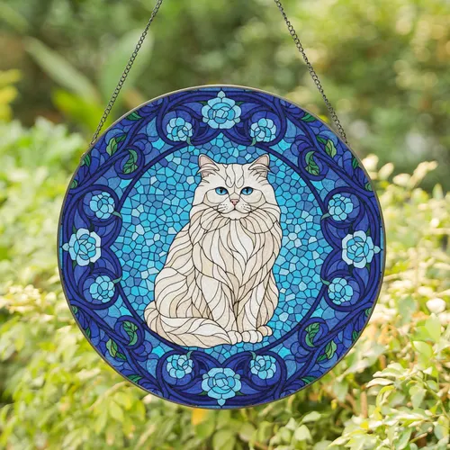 Elegant White Cat Blue Scrollwork Roses - Home Decor Gift for Cat Lover Stained Glass Suncatcher