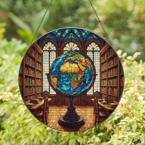 World Globe Library Bookshelves Arch Windows - Home Decor Gift for Book Lover Stained Glass Suncatcher