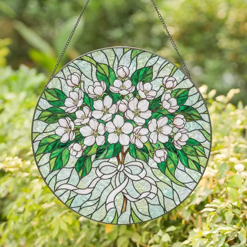 Delicate White Pink Apple Blossoms Green Leaves Ribbon Floral Bouquet - Home Decor Gift for Plant Lover Stained Glass Suncatcher