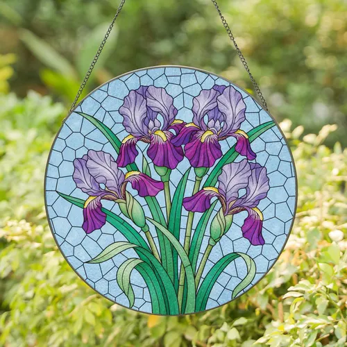 Square Full-Bleed Irises Bouquet Iris Leaves - Home Decor Gift for Garden Lover Stained Glass Suncatcher