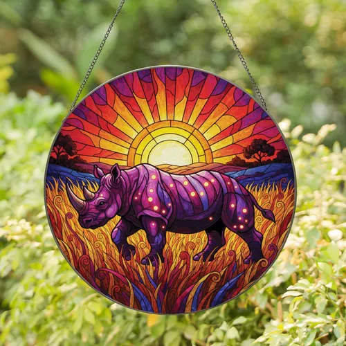 Rhinoceros Sunset Field - Wildlife Lover Home Decor Gift Stained Glass Suncatcher