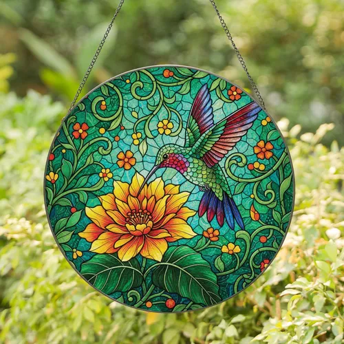 Hummingbird Flower Swirling Vines - Home Decor Gift for Garden and Wildlife Lovers Stained Glass Suncatcher