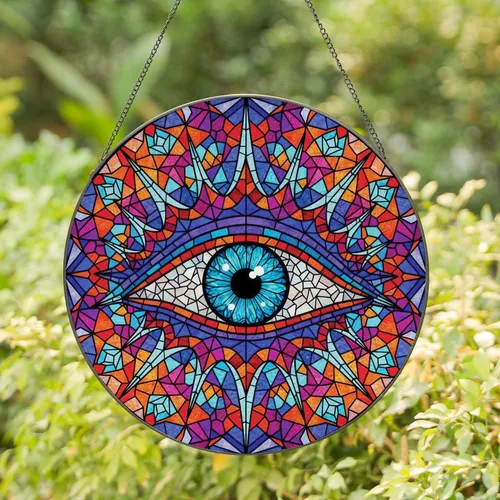 Protective Almond Evil Eye Crown Spikes Blue Iris Starbursts Shards - Home Decor Gift Stained Glass Suncatcher