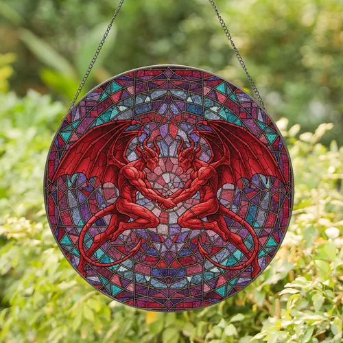 Muscular Horned Winged Demons Grasping Hands Broken Circle Frame - Fantasy Home Decor Gift Stained Glass Suncatcher