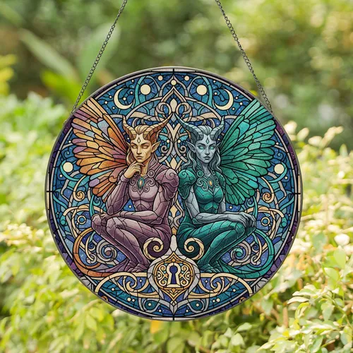 Horned Gargoyle Figures Keyhole Butterfly Cosmic Mosaic - Gothic Home Decor Gift Stained Glass Suncatcher