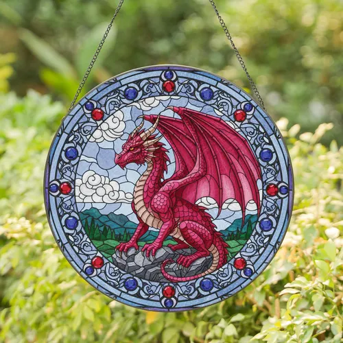 Majestic Crimson Dragon Ruby Sapphire Border Craggy Rock - Home Decor Gift for Dragon Lover Stained Glass Suncatcher