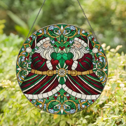 Santa Claus Figures Golden Belts Green Hearts Holly Snow - Christmas Gift for Home Decor Stained Glass Suncatcher