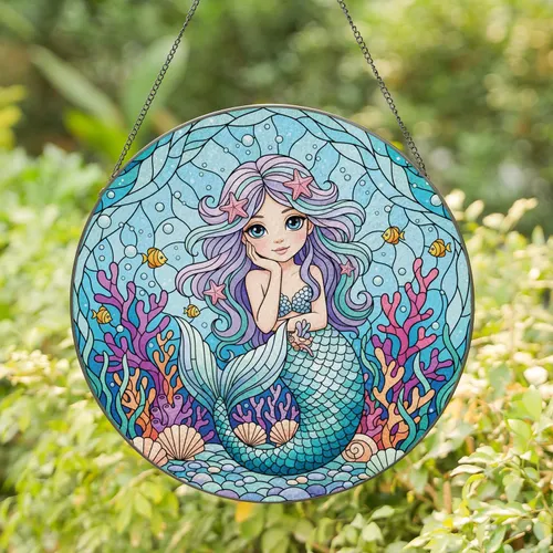 Mermaid Coral Seashells Underwater Scene - Home Decor Gift for Mermaid Lover Stained Glass Suncatcher