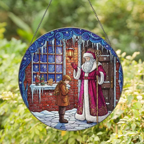 Santa Claus Boy Blessing Winter Night - Christmas Home Decor Gift Stained Glass Suncatcher