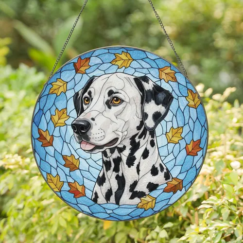 Spotted Dalmatian Dog Head Autumn Leaves Sky Blue - Home Decor Gift for Dog Lovers Stained Glass Suncatcher