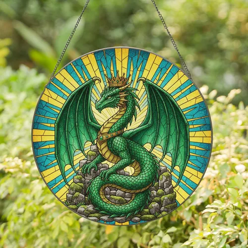 Emerald Dragon Crowned Ruins Sunburst - Home Decor Gift for Fantasy Lover Stained Glass Suncatcher