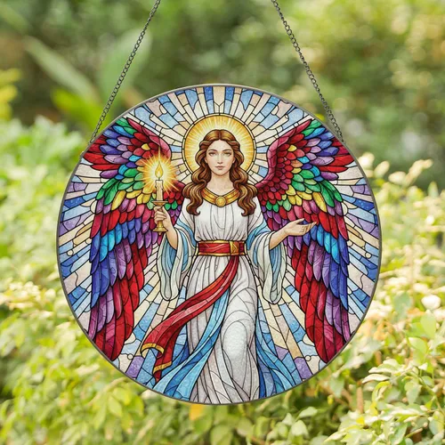 Female Angel Golden Halo Glowing Candle Geometric Light - Home Decor Gift for Window Stained Glass Suncatcher