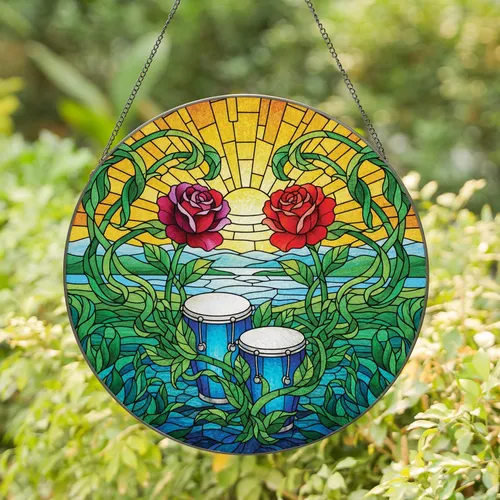 Rose Bongo Drums Lush Foliage Water Scene - Home Decor Gift for Art Collector Stained Glass Suncatcher