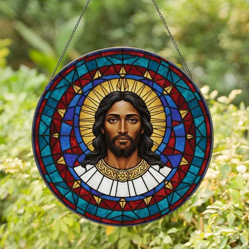 Jesus Christ Gold Collar Floral Medallion Radiant Sunburst Mosaic - Christian Home Decor Gift Stained Glass Suncatcher