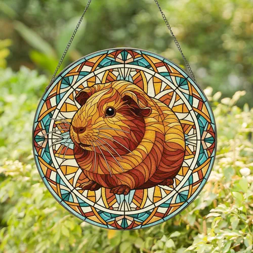 Plump Guinea Pig Geometric Shapes Home Decor Gift for Pet Owners, Wildlife Lovers Stained Glass Suncatcher