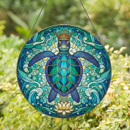 Sea Turtle Golden Crown Lotus Ocean Waves - Ocean Lover Home Decor Gift Stained Glass Suncatcher