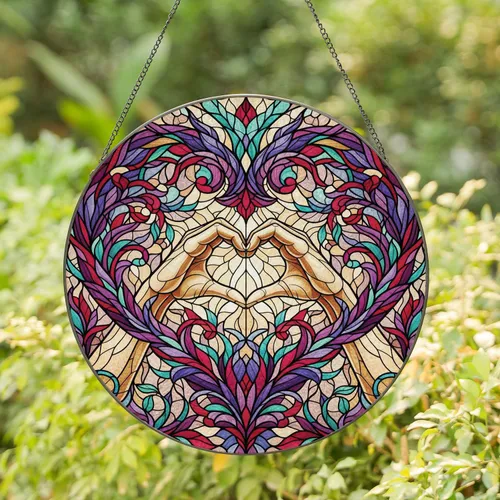 Luminous Stained Glass Interlocking Hands Heart Floral Vines - Home Decor Gift Stained Glass Suncatcher