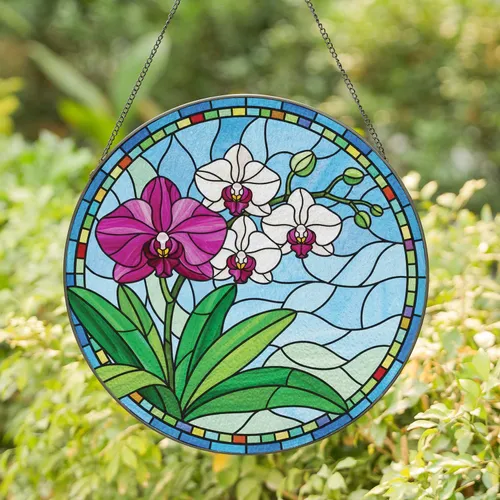 Magenta Purple Orchid White Flower Cluster Green Leaves Sky Border - Home Decor Gift for Garden Lover Stained Glass Suncatcher