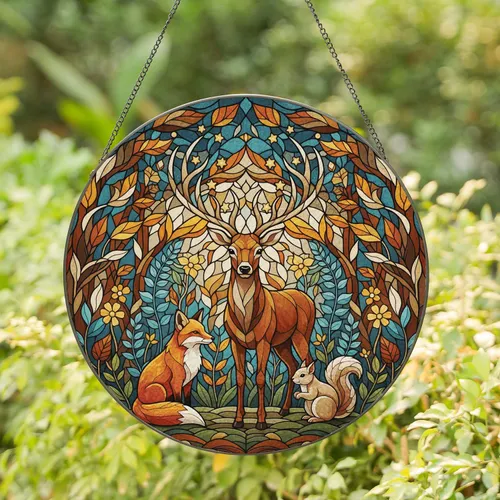 Deer Fox Squirrel Woodland Mosaic - Home Decor Gift for Wildlife Lovers Stained Glass Suncatcher